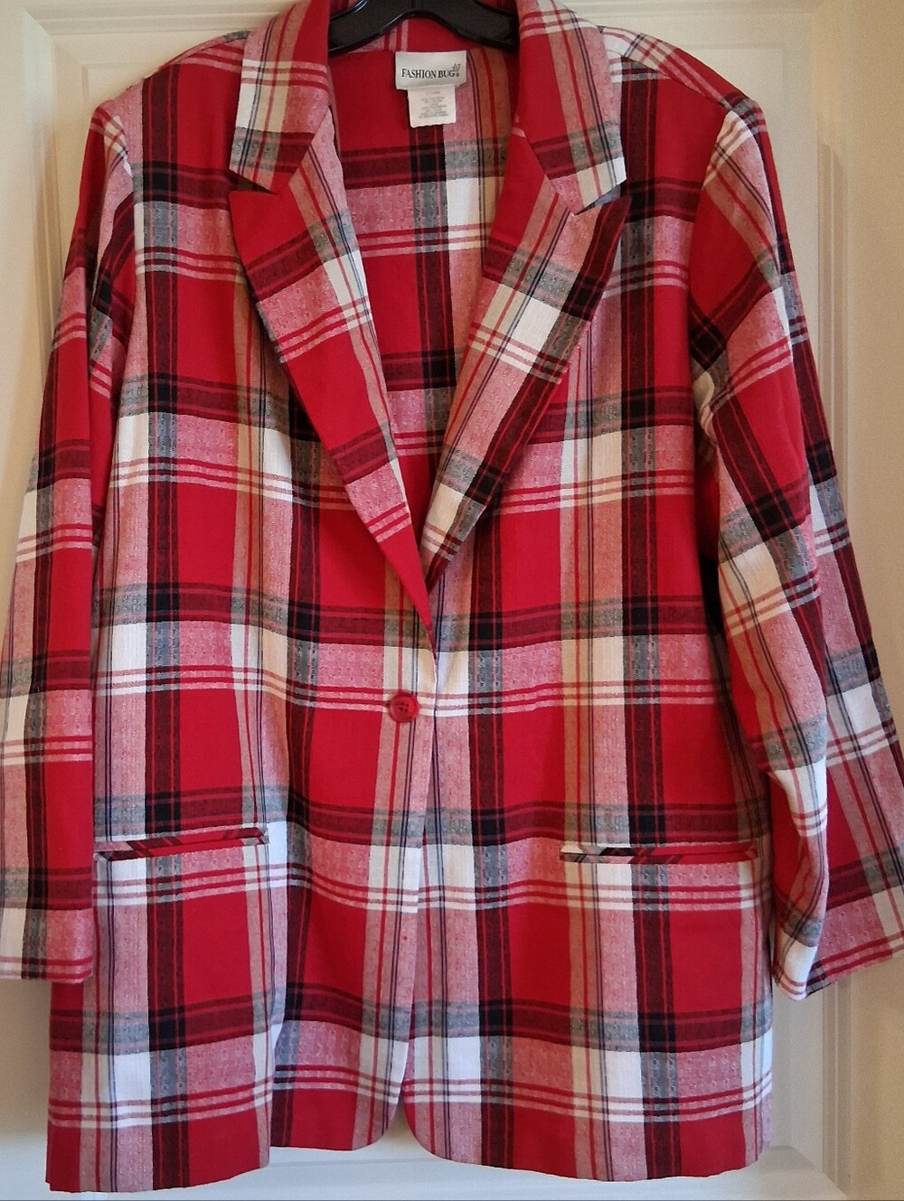 Fashion Bug Red Black & White Plaid Women's Blazer Jacket Size 2XL Shoulder Pads